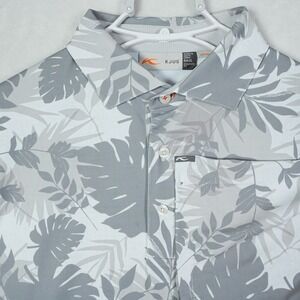 KJUS Men Golfer Polo Shirt 54 XL Grey White Tropical Leaf Print UPF 50+ Stretch